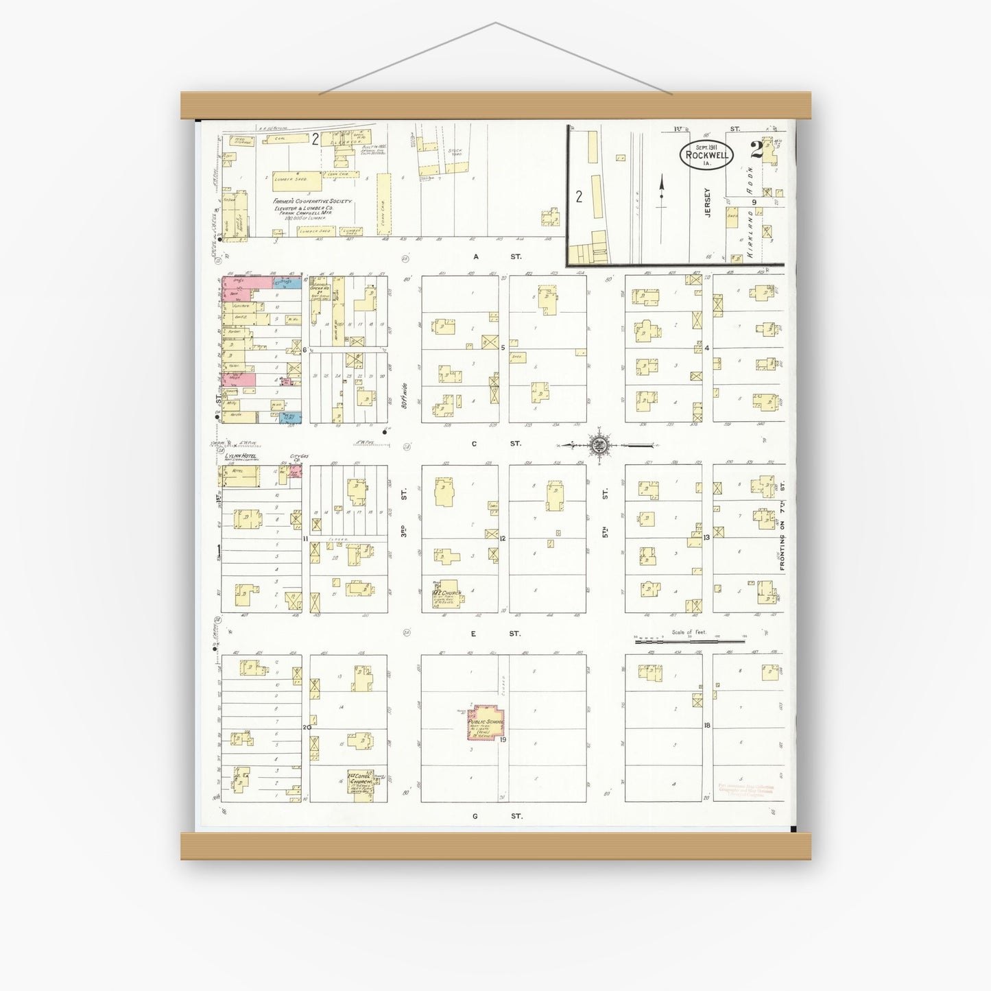 Old map wall art mockup — magnetic wood frame on white wall — Sanborn Fire Insurance Map from Rockwell, Cerro Gordo County, Iowa (1911), Sheet #0002