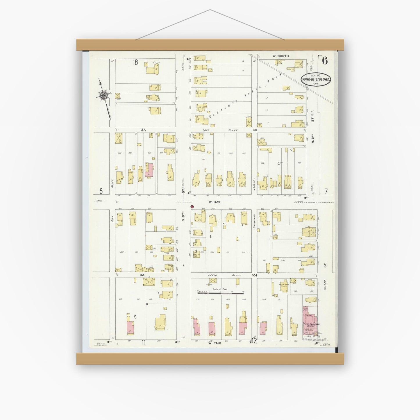 Old map wall art mockup — magnetic wood frame on white wall — Sanborn Fire Insurance Map from New Philadelphia, Tuscarawas County, Ohio (1910), Sheet #0006