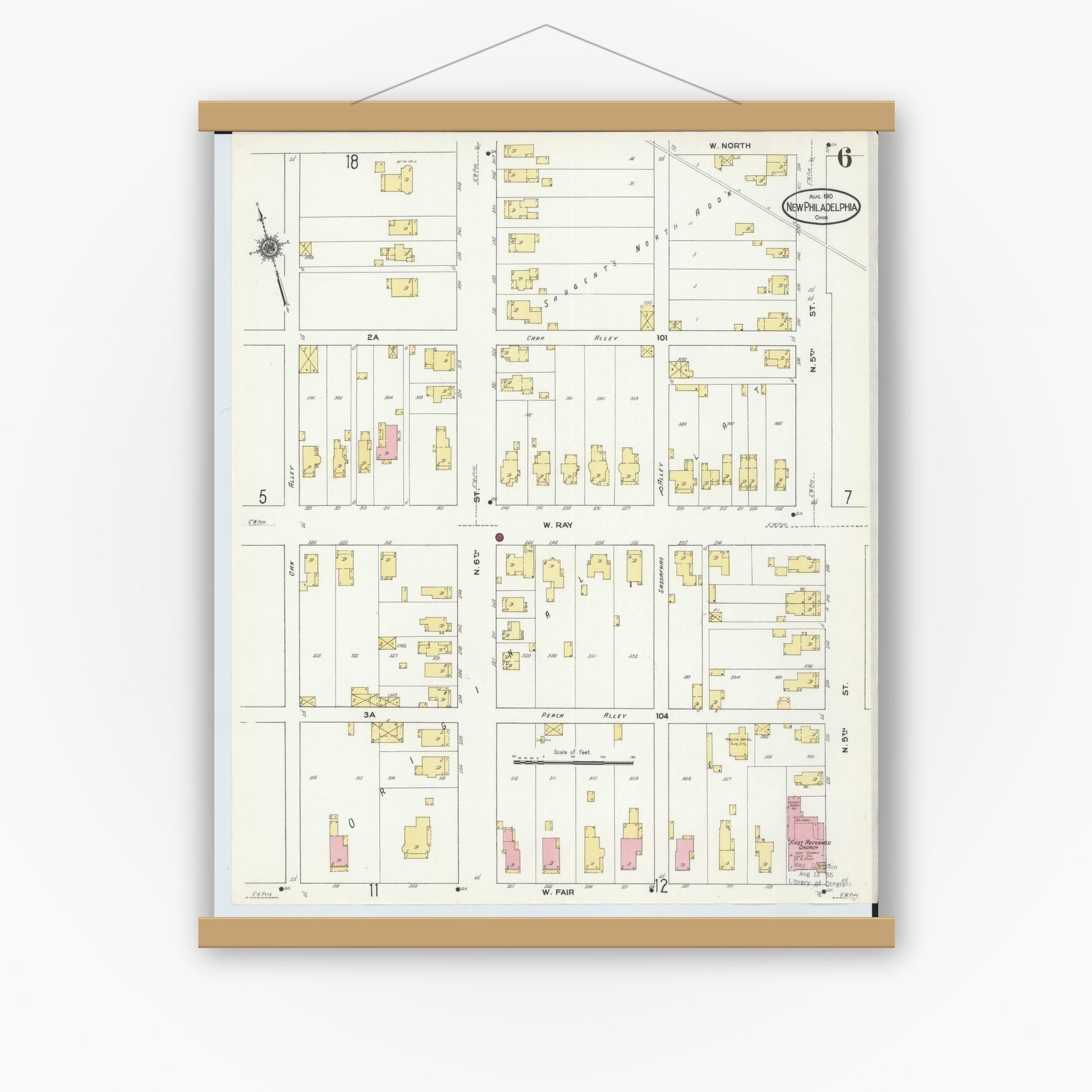 Old map wall art mockup — magnetic wood frame on white wall — Sanborn Fire Insurance Map from New Philadelphia, Tuscarawas County, Ohio (1910), Sheet #0006