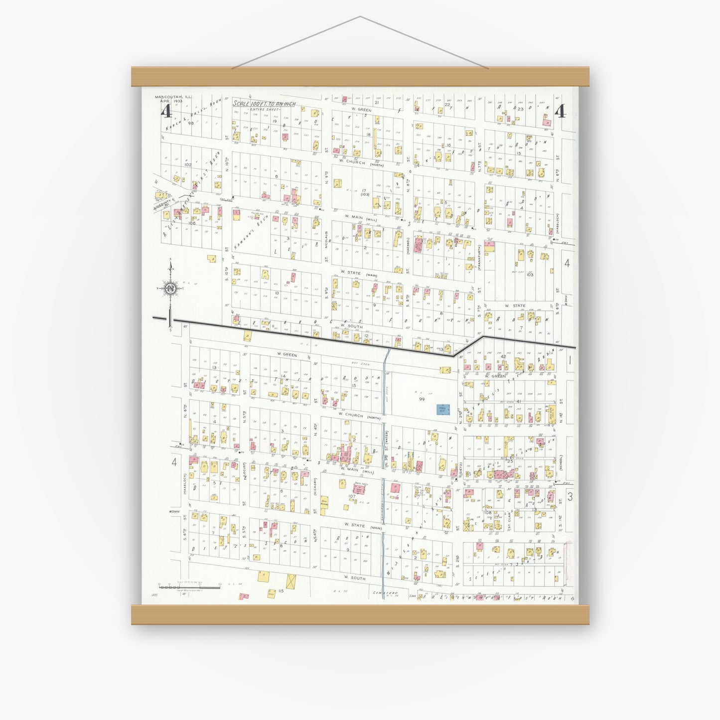 Old map wall art mockup — magnetic wood frame on white wall — Sanborn Fire Insurance Map from Mascoutah, Saint Clair County, Illinois (1933), Sheet #0004