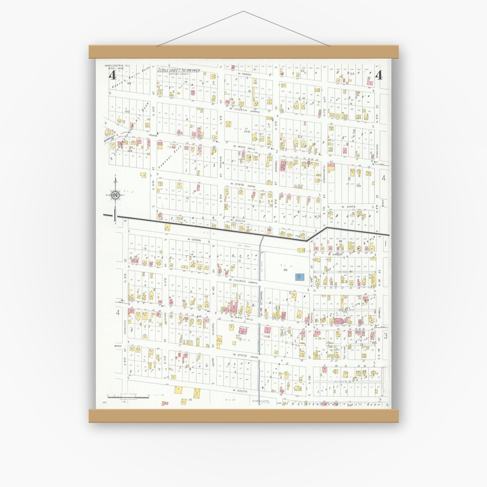 Old map wall art mockup — magnetic wood frame on white wall — Sanborn Fire Insurance Map from Mascoutah, Saint Clair County, Illinois (1933), Sheet #0004