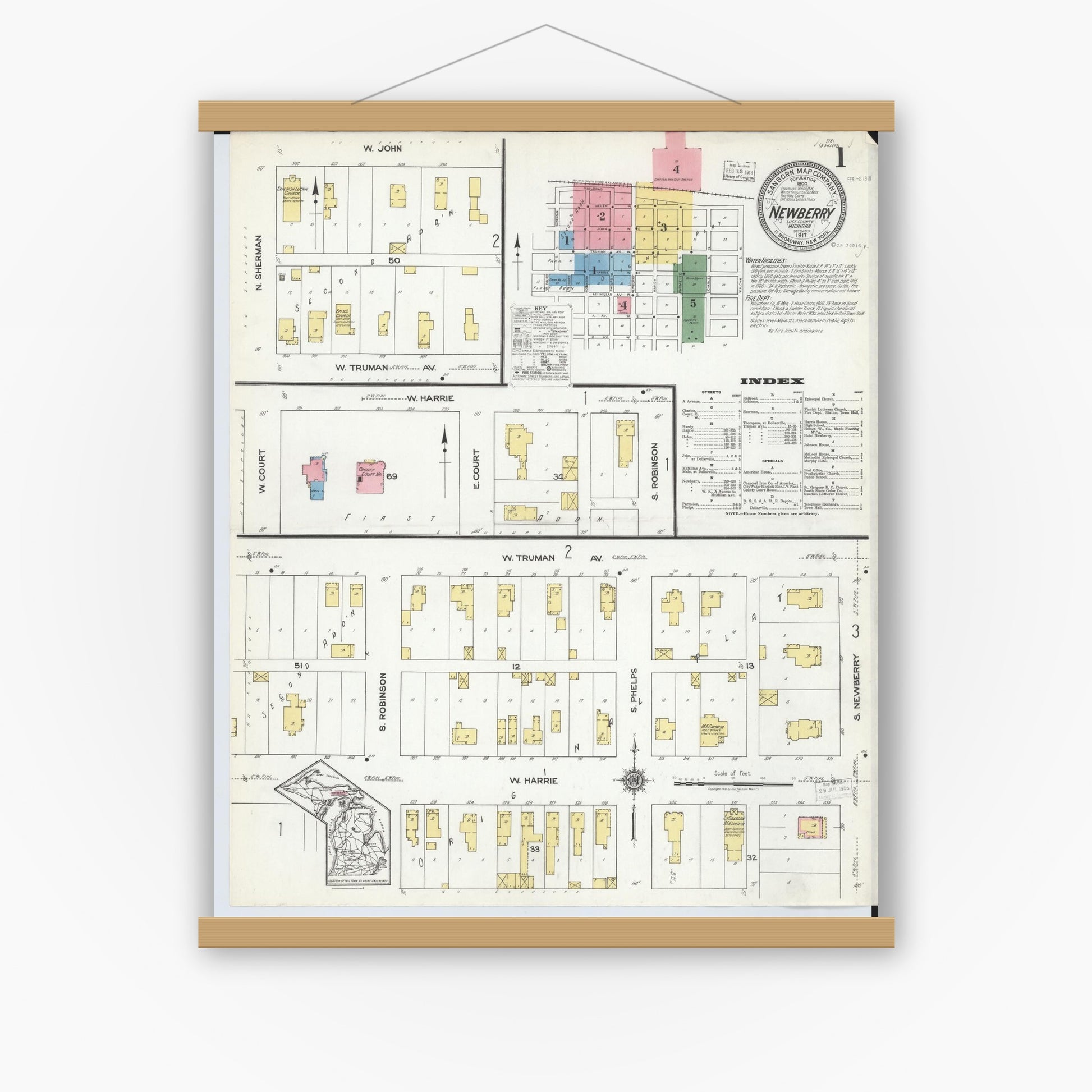 Old map wall art mockup — magnetic wood frame on white wall — Sanborn Fire Insurance Map from Newberry, Luce County, Michigan (1917) - Complete Map Set