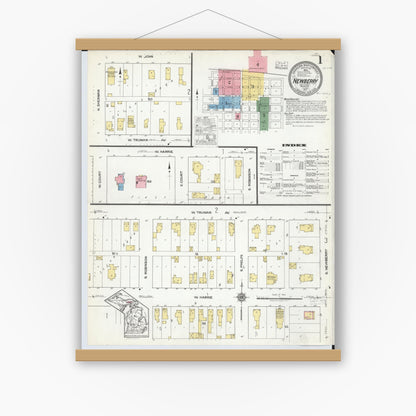 Old map wall art mockup — magnetic wood frame on white wall — Sanborn Fire Insurance Map from Newberry, Luce County, Michigan (1917) - Complete Map Set