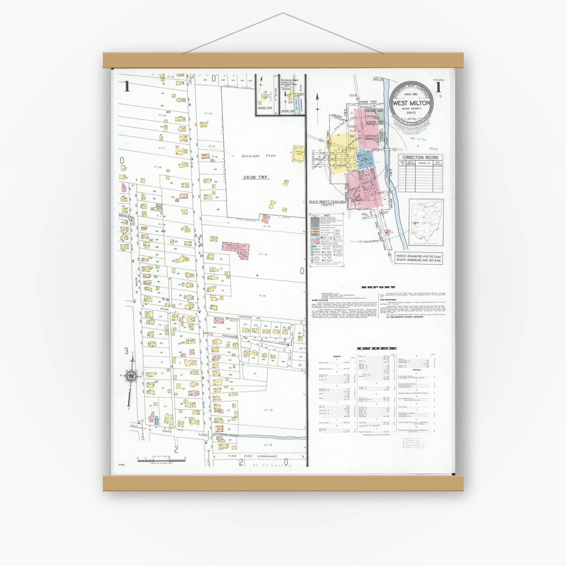 Old map wall art mockup — magnetic wood frame on white wall — Sanborn Fire Insurance Map from West Milton, Miami County, Ohio (1951), Sheet #0001