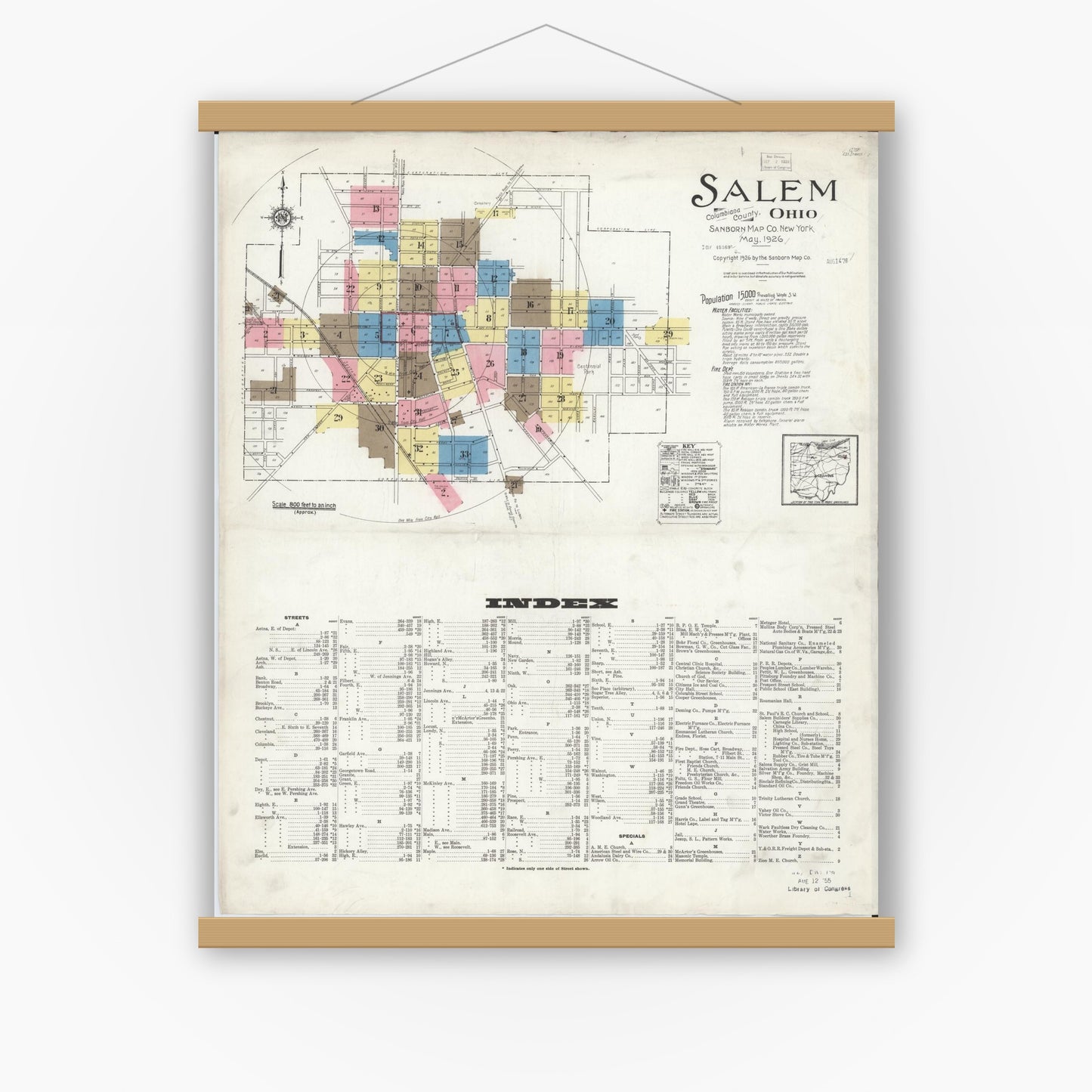 Old map wall art mockup — magnetic wood frame on white wall — Sanborn Fire Insurance Map from Salem, Columbiana County, Ohio (1926) - Complete Map Set