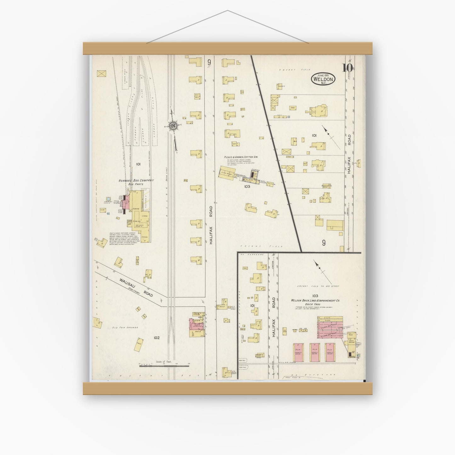 Old map wall art mockup — magnetic wood frame on white wall — Sanborn Fire Insurance Map from Weldon, Halifax County, North Carolina (1915), Sheet #0010
