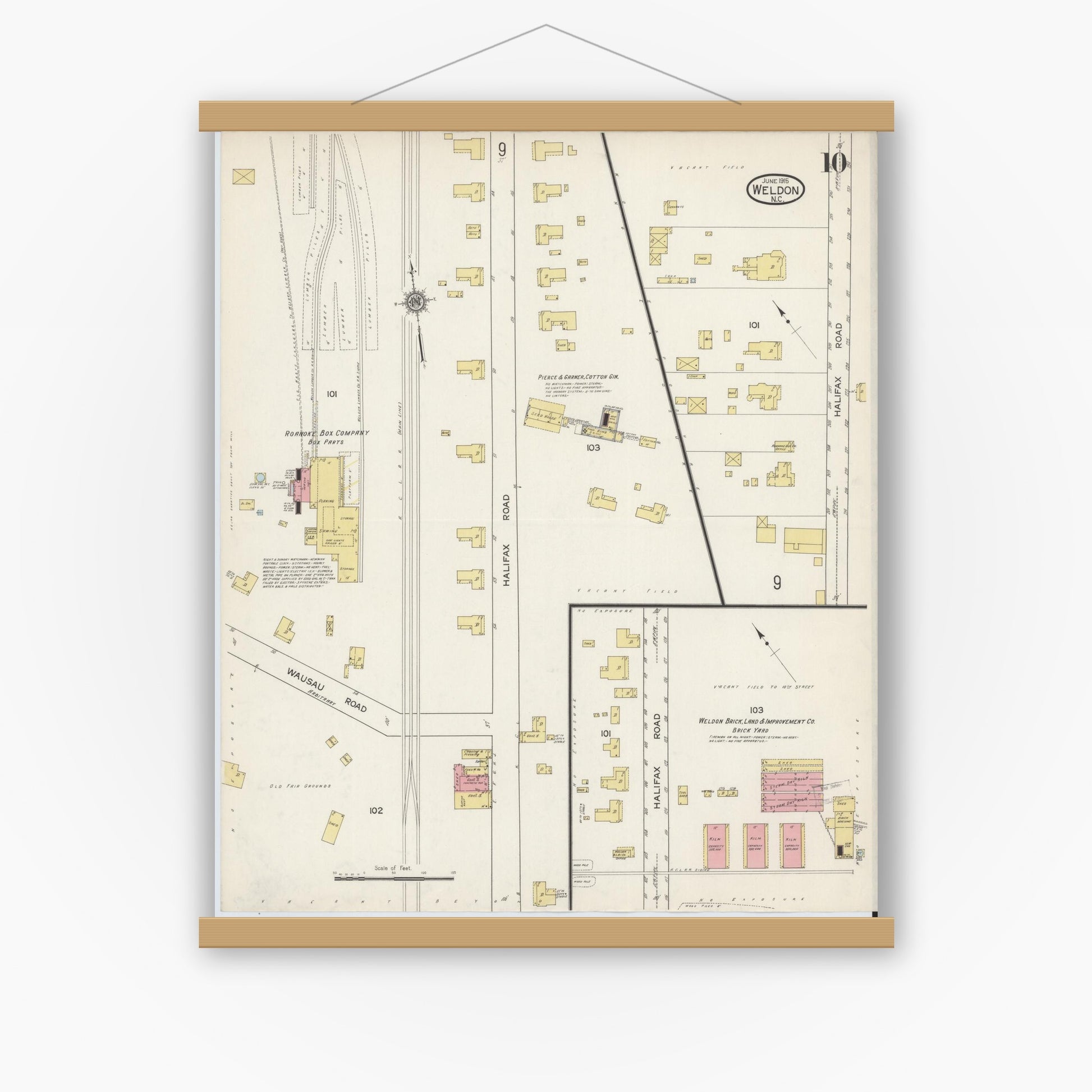 Old map wall art mockup — magnetic wood frame on white wall — Sanborn Fire Insurance Map from Weldon, Halifax County, North Carolina (1915), Sheet #0010