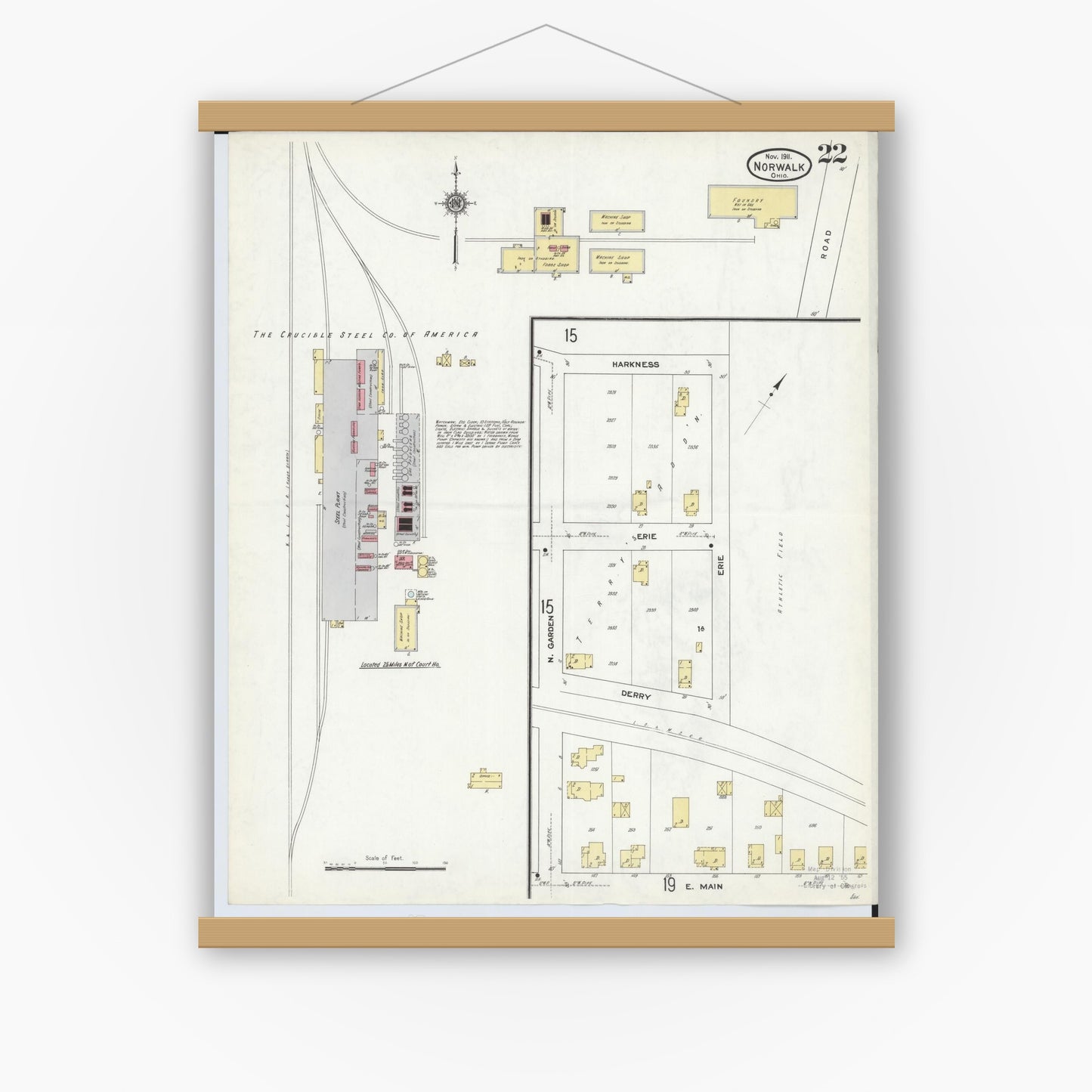 Old map wall art mockup — magnetic wood frame on white wall — Sanborn Fire Insurance Map from Norwalk, Huron County, Ohio (1911), Sheet #0022