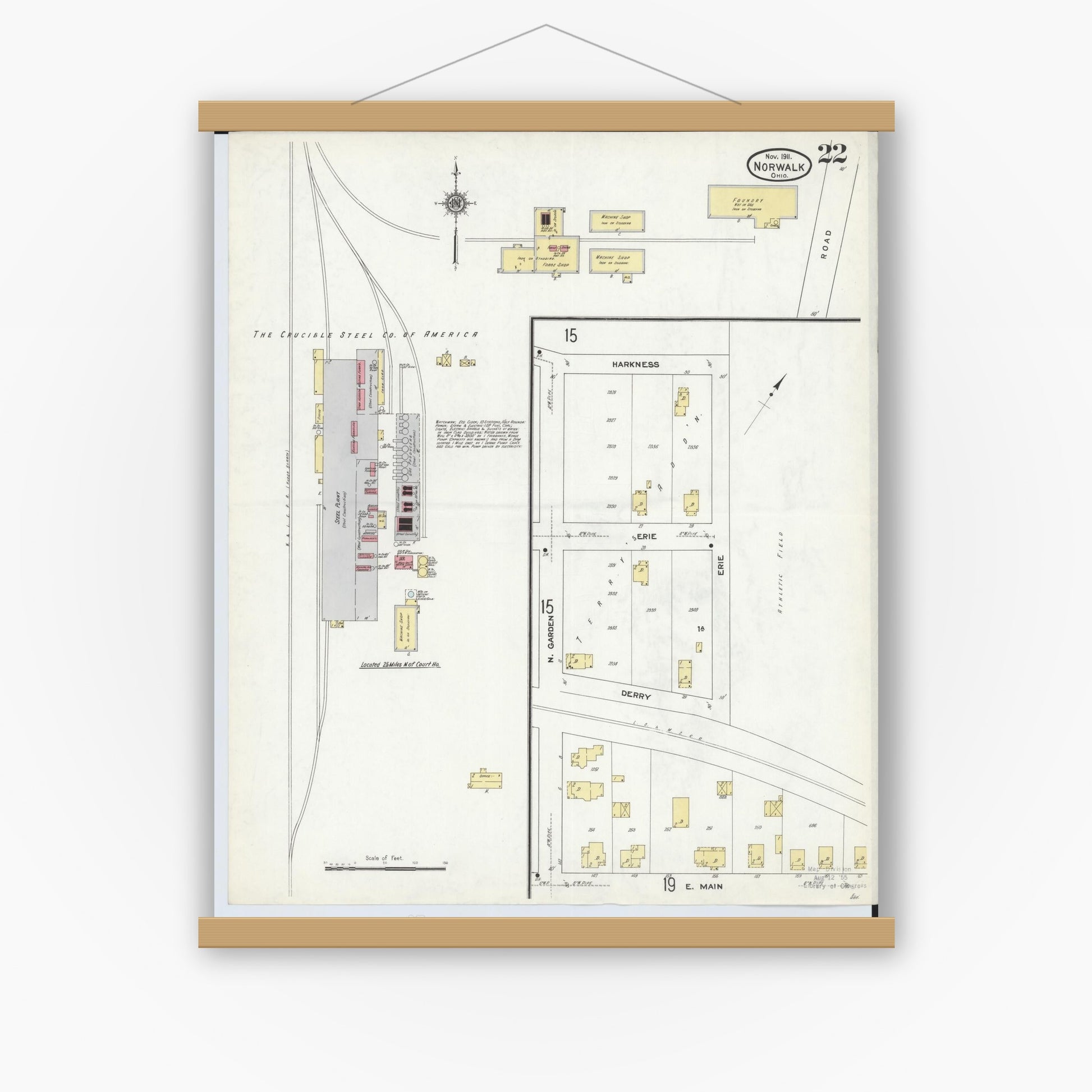 Old map wall art mockup — magnetic wood frame on white wall — Sanborn Fire Insurance Map from Norwalk, Huron County, Ohio (1911), Sheet #0022
