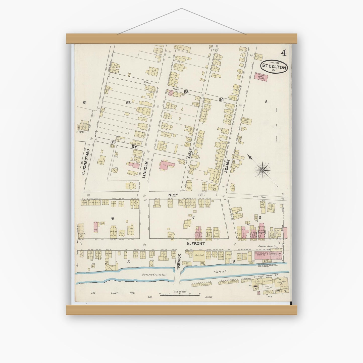Old map wall art mockup — magnetic wood frame on white wall — Sanborn Fire Insurance Map from Steelton, Dauphin County, Pennsylvania (1890), Sheet #0004