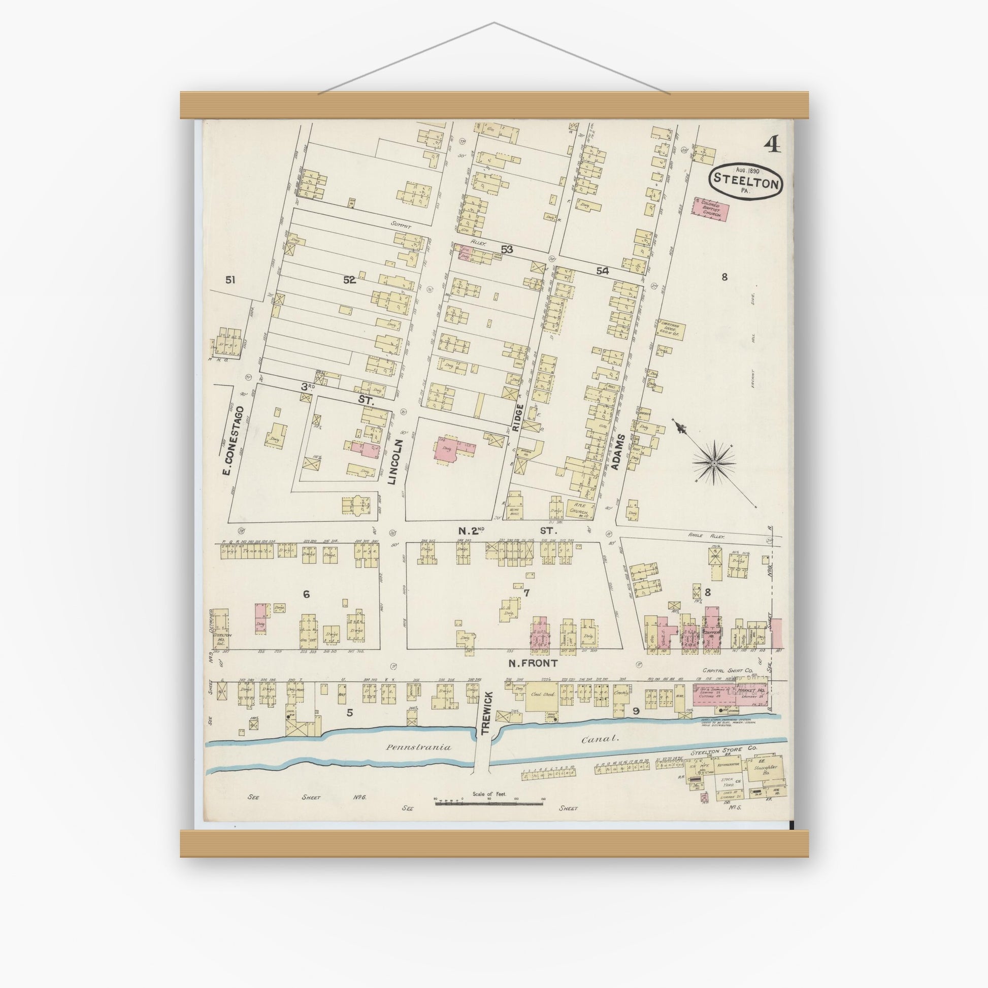 Old map wall art mockup — magnetic wood frame on white wall — Sanborn Fire Insurance Map from Steelton, Dauphin County, Pennsylvania (1890), Sheet #0004