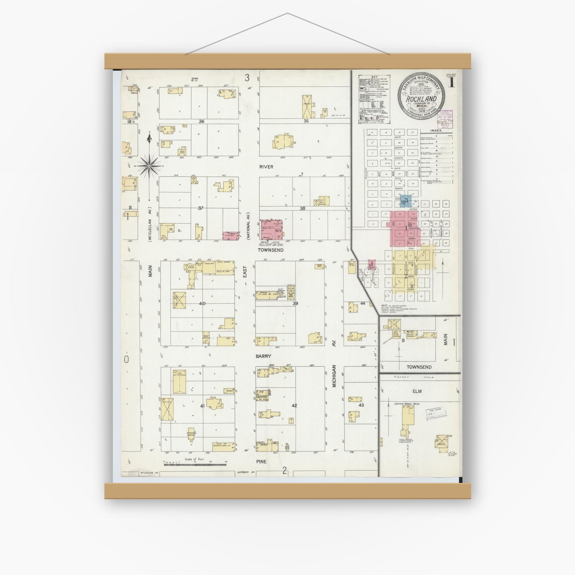 Old map wall art mockup — magnetic wood frame on white wall — Sanborn Fire Insurance Map from Rockland, Ontonagon County, Michigan (1902) - Complete Map Set