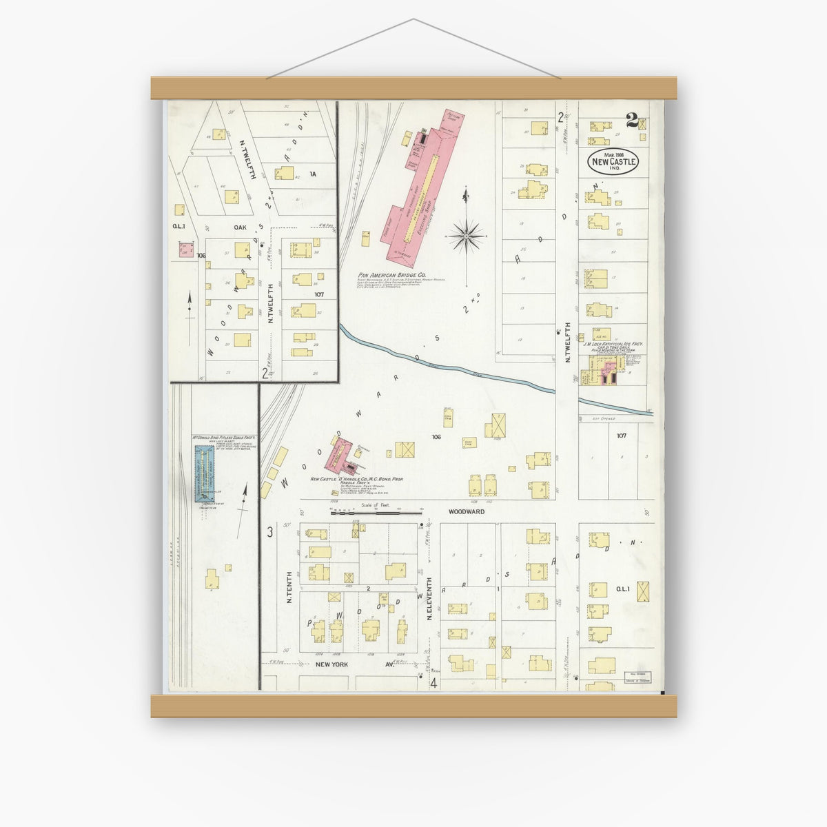 Old map wall art mockup — magnetic wood frame on white wall — Sanborn Fire Insurance Map from New Castle, Henry County, Indiana (1908), Sheet #0002