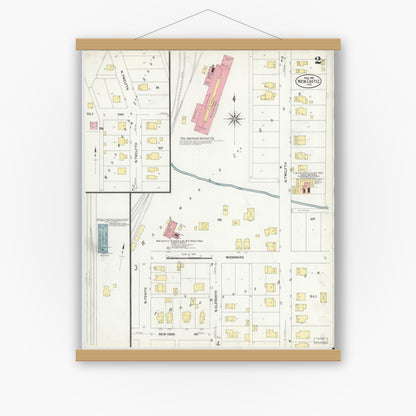 Old map wall art mockup — magnetic wood frame on white wall — Sanborn Fire Insurance Map from New Castle, Henry County, Indiana (1908), Sheet #0002