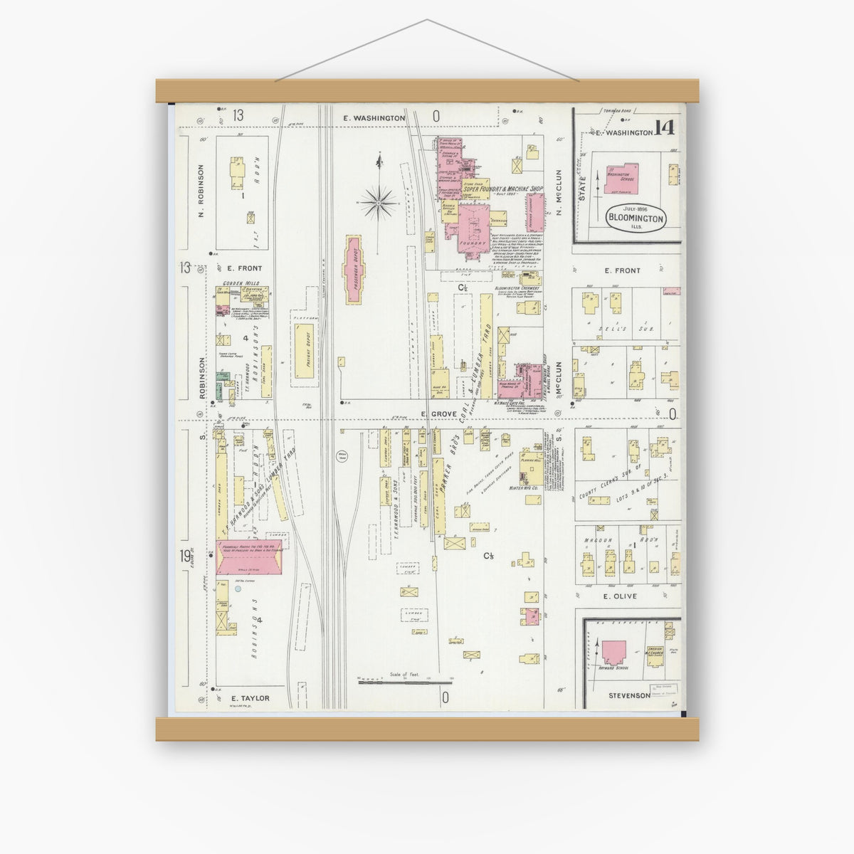 Old map wall art mockup — magnetic wood frame on white wall — Sanborn Fire Insurance Map from Bloomington, McLean County, Illinois (1896), Sheet #0014
