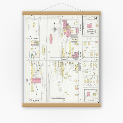 Old map wall art mockup — magnetic wood frame on white wall — Sanborn Fire Insurance Map from Bloomington, McLean County, Illinois (1896), Sheet #0014
