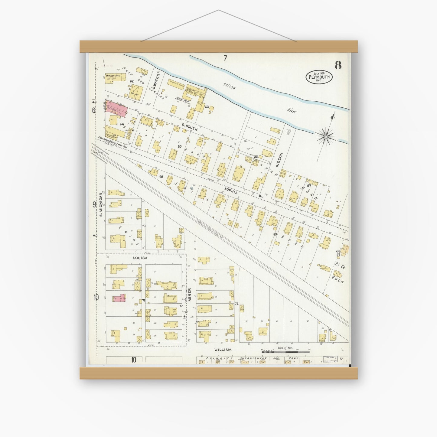 Old map wall art mockup — magnetic wood frame on white wall — Sanborn Fire Insurance Map from Plymouth, Marhshall County, Indiana (1905), Sheet #0008