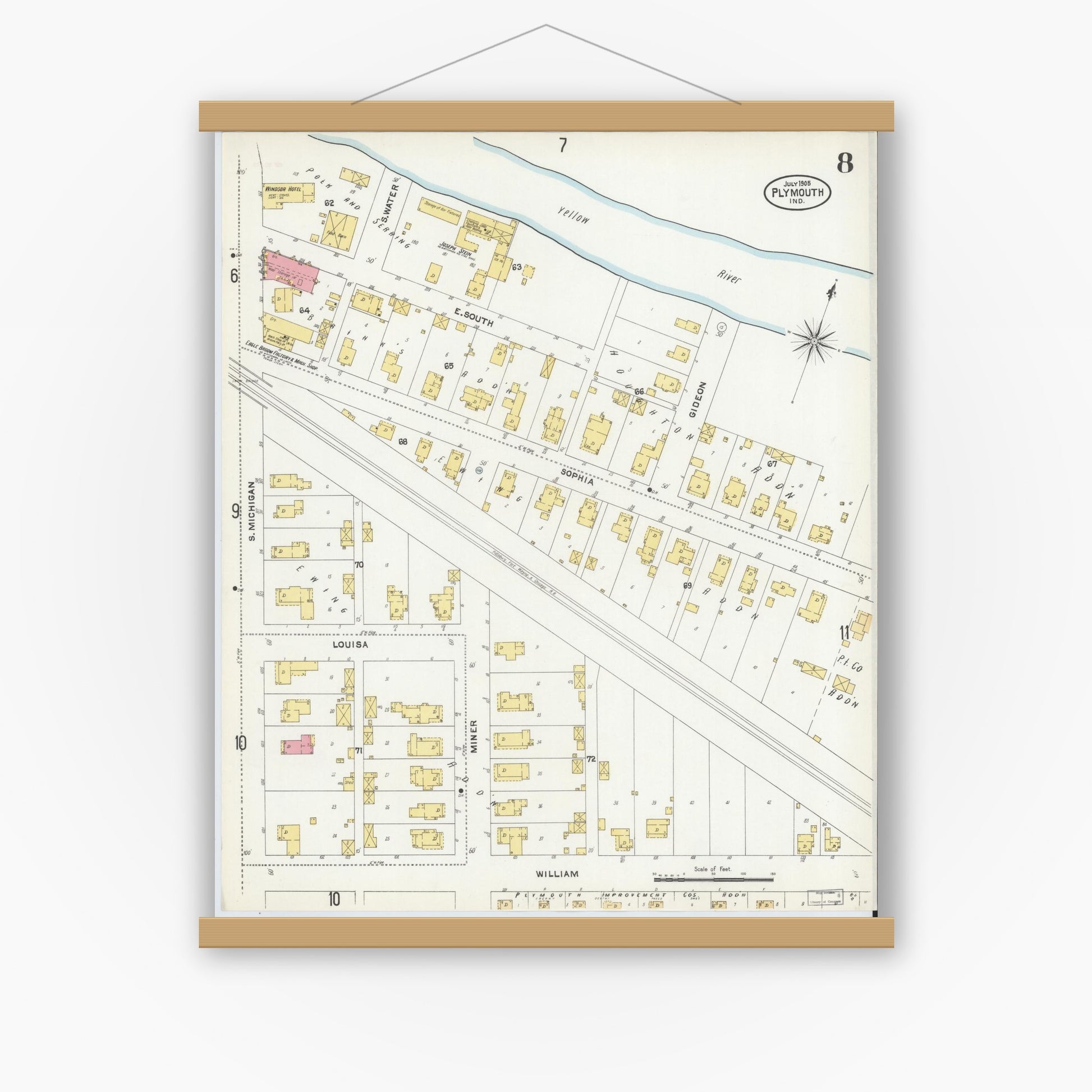Old map wall art mockup — magnetic wood frame on white wall — Sanborn Fire Insurance Map from Plymouth, Marhshall County, Indiana (1905), Sheet #0008