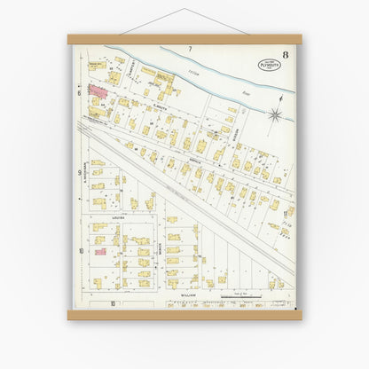 Old map wall art mockup — magnetic wood frame on white wall — Sanborn Fire Insurance Map from Plymouth, Marhshall County, Indiana (1905), Sheet #0008