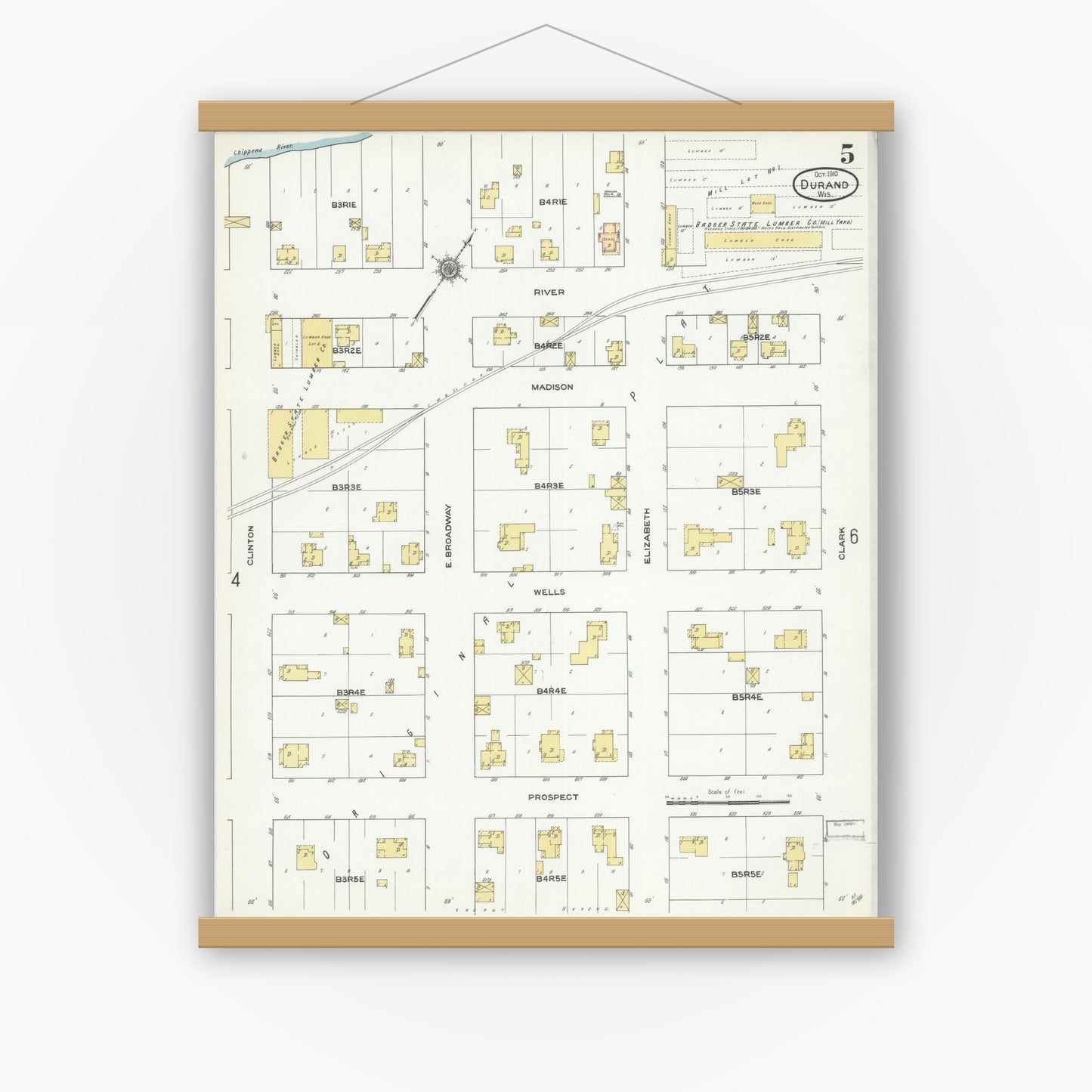 Old map wall art mockup — magnetic wood frame on white wall — Sanborn Fire Insurance Map from Durand, Pepin County, Wisconsin (1910), Sheet #0005