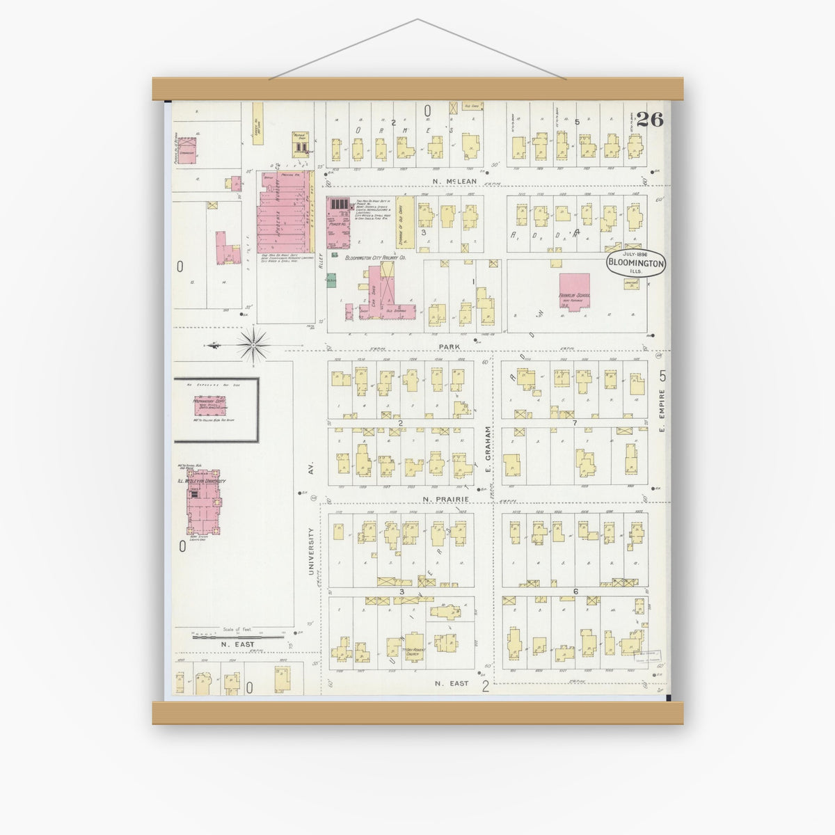 Old map wall art mockup — magnetic wood frame on white wall — Sanborn Fire Insurance Map from Bloomington, McLean County, Illinois (1896), Sheet #0026