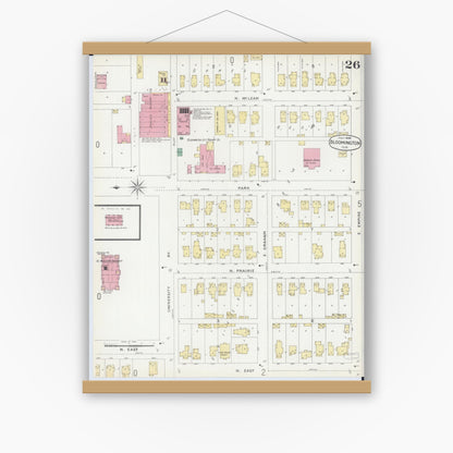 Old map wall art mockup — magnetic wood frame on white wall — Sanborn Fire Insurance Map from Bloomington, McLean County, Illinois (1896), Sheet #0026