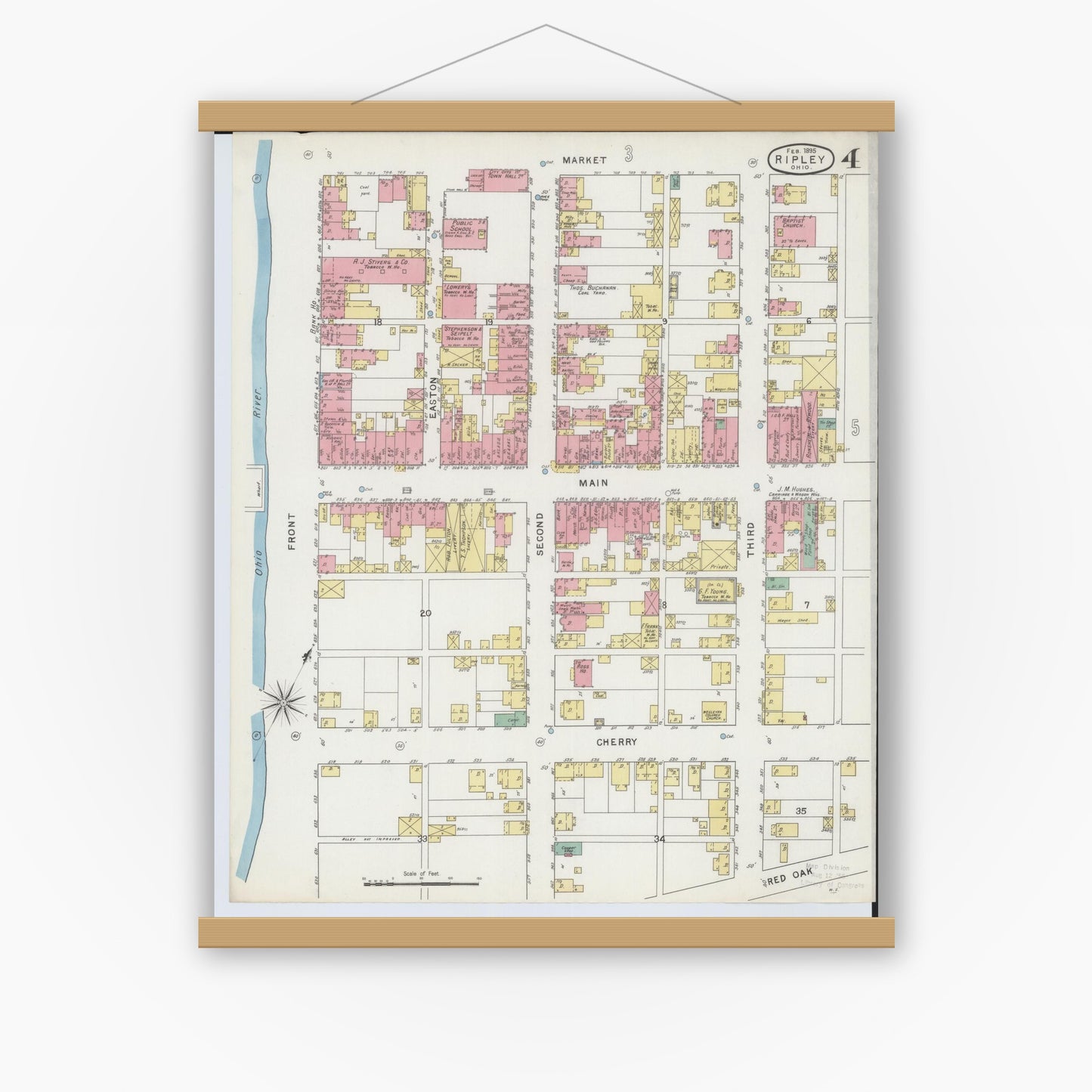 Old map wall art mockup — magnetic wood frame on white wall — Sanborn Fire Insurance Map from Ripley, Brown County, Ohio (1895), Sheet #0004