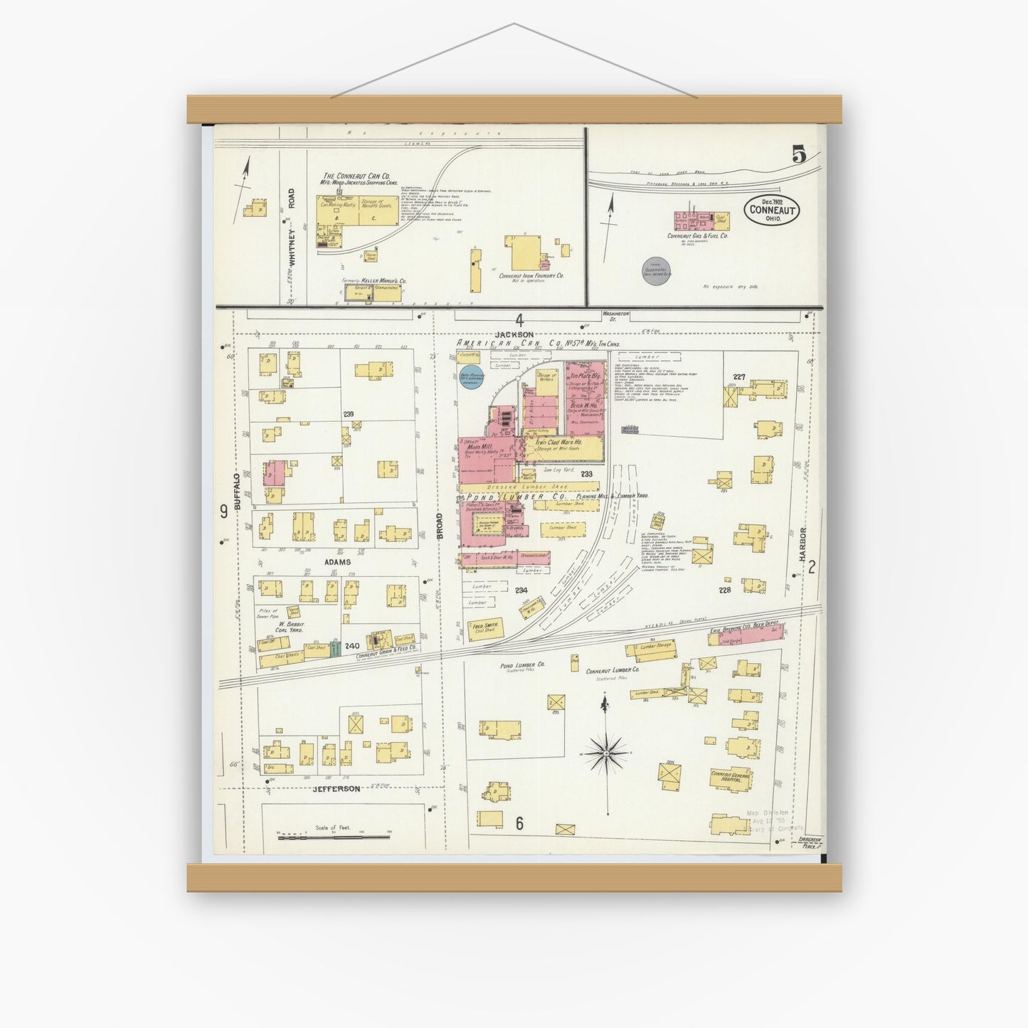 Old map wall art mockup — magnetic wood frame on white wall — Sanborn Fire Insurance Map from Conneaut, Ashtabula County, Ohio (1902), Sheet #0005