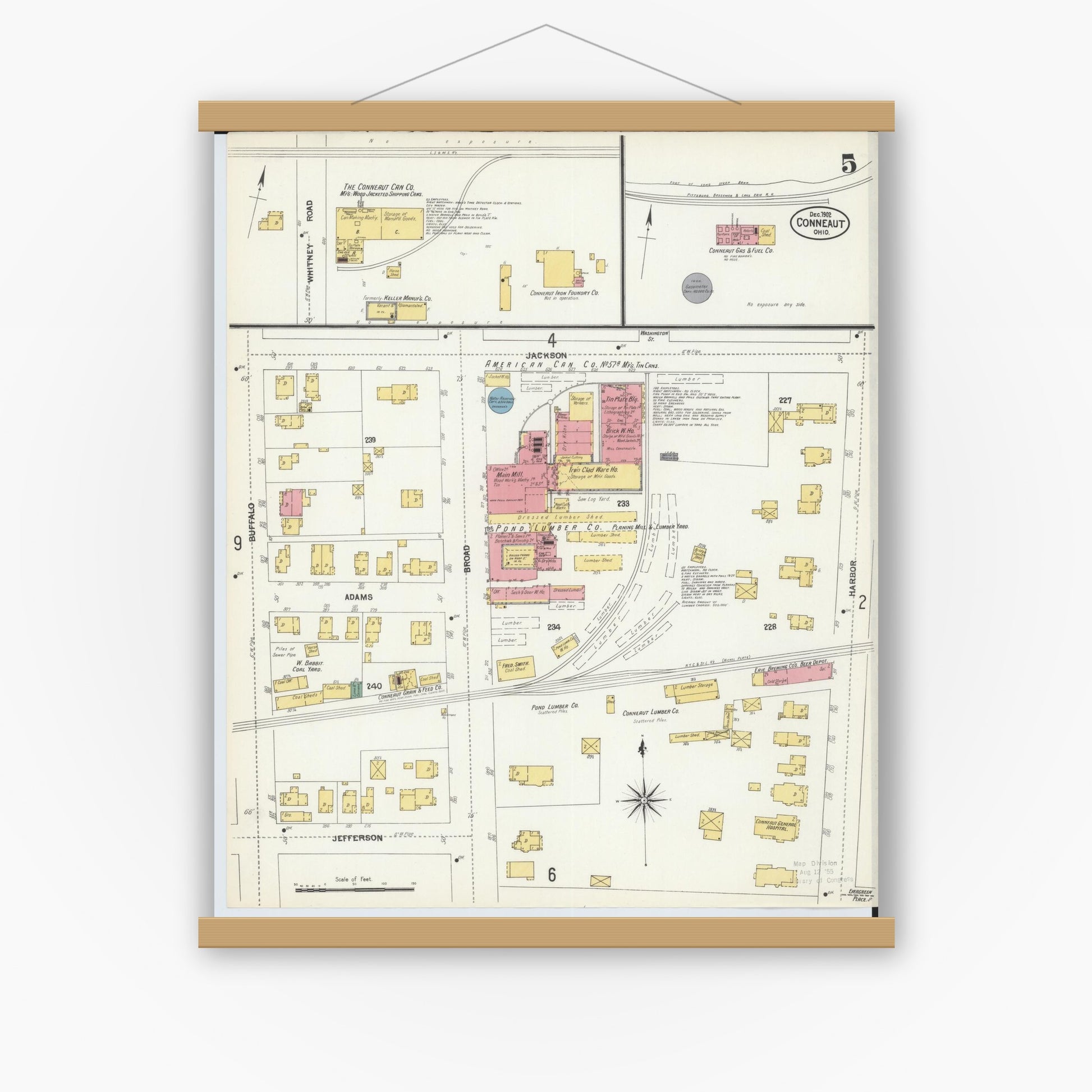 Old map wall art mockup — magnetic wood frame on white wall — Sanborn Fire Insurance Map from Conneaut, Ashtabula County, Ohio (1902), Sheet #0005