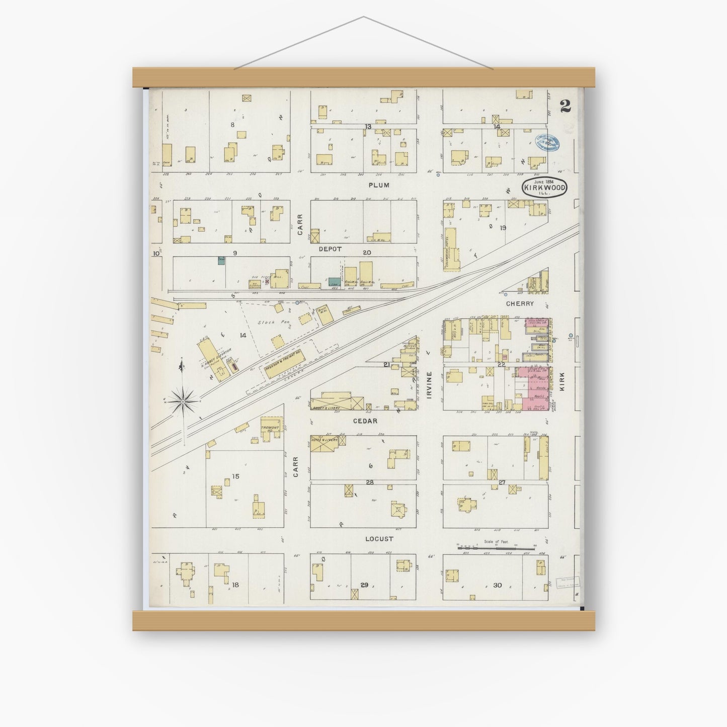 Old map wall art mockup — magnetic wood frame on white wall — Sanborn Fire Insurance Map from Kirkwood, Warren County, Illinois (1894), Sheet #0002