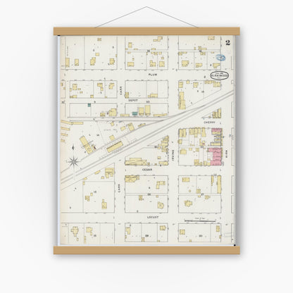 Old map wall art mockup — magnetic wood frame on white wall — Sanborn Fire Insurance Map from Kirkwood, Warren County, Illinois (1894), Sheet #0002