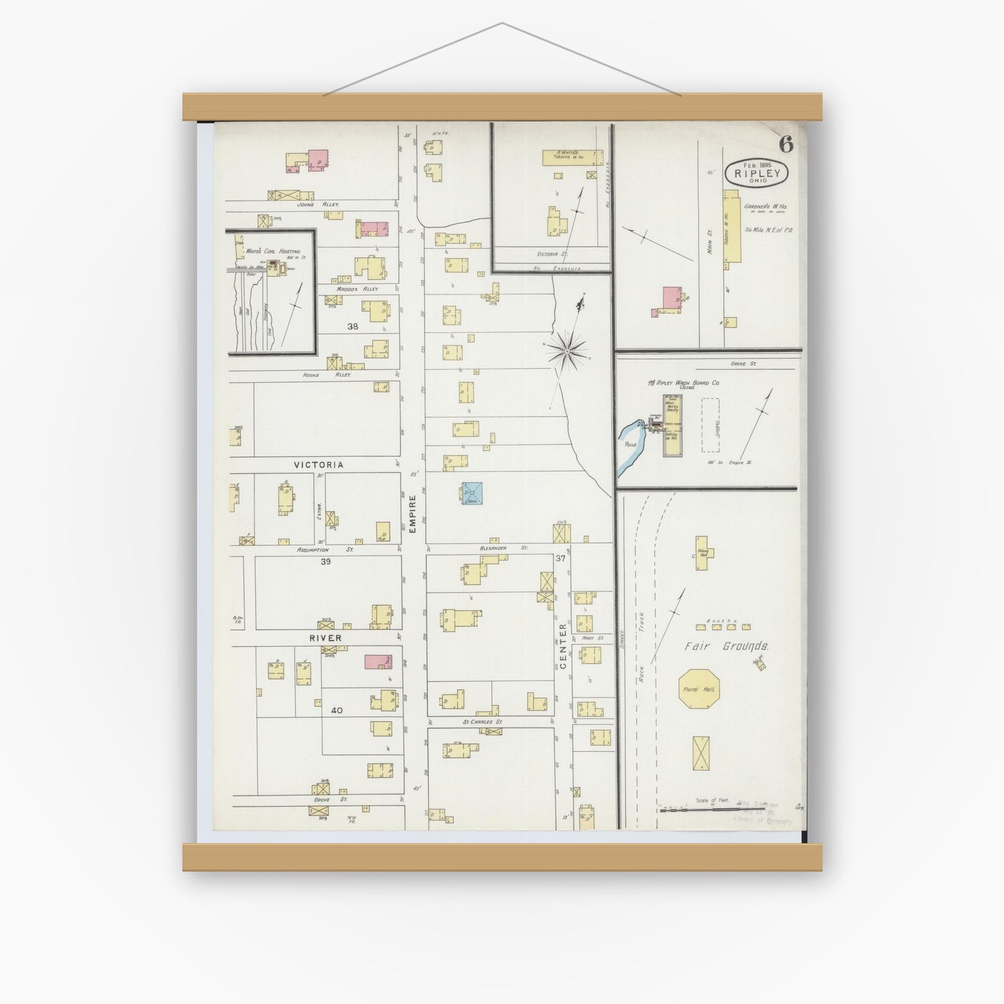 Old map wall art mockup — magnetic wood frame on white wall — Sanborn Fire Insurance Map from Ripley, Brown County, Ohio (1895), Sheet #0006