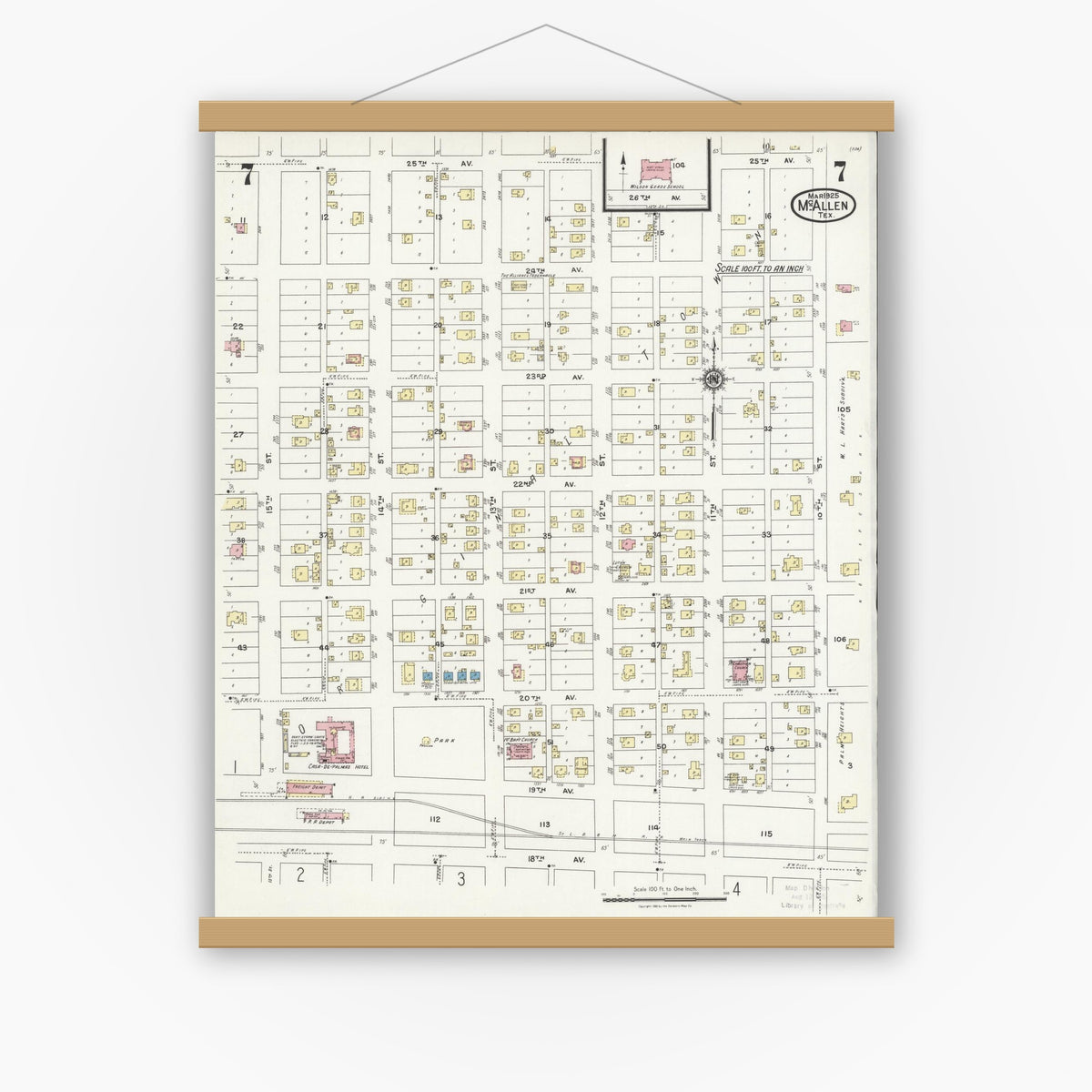 Old map wall art mockup — magnetic wood frame on white wall — Sanborn Fire Insurance Map from McAllen, Hidalgo County, Texas (1925), Sheet #0007