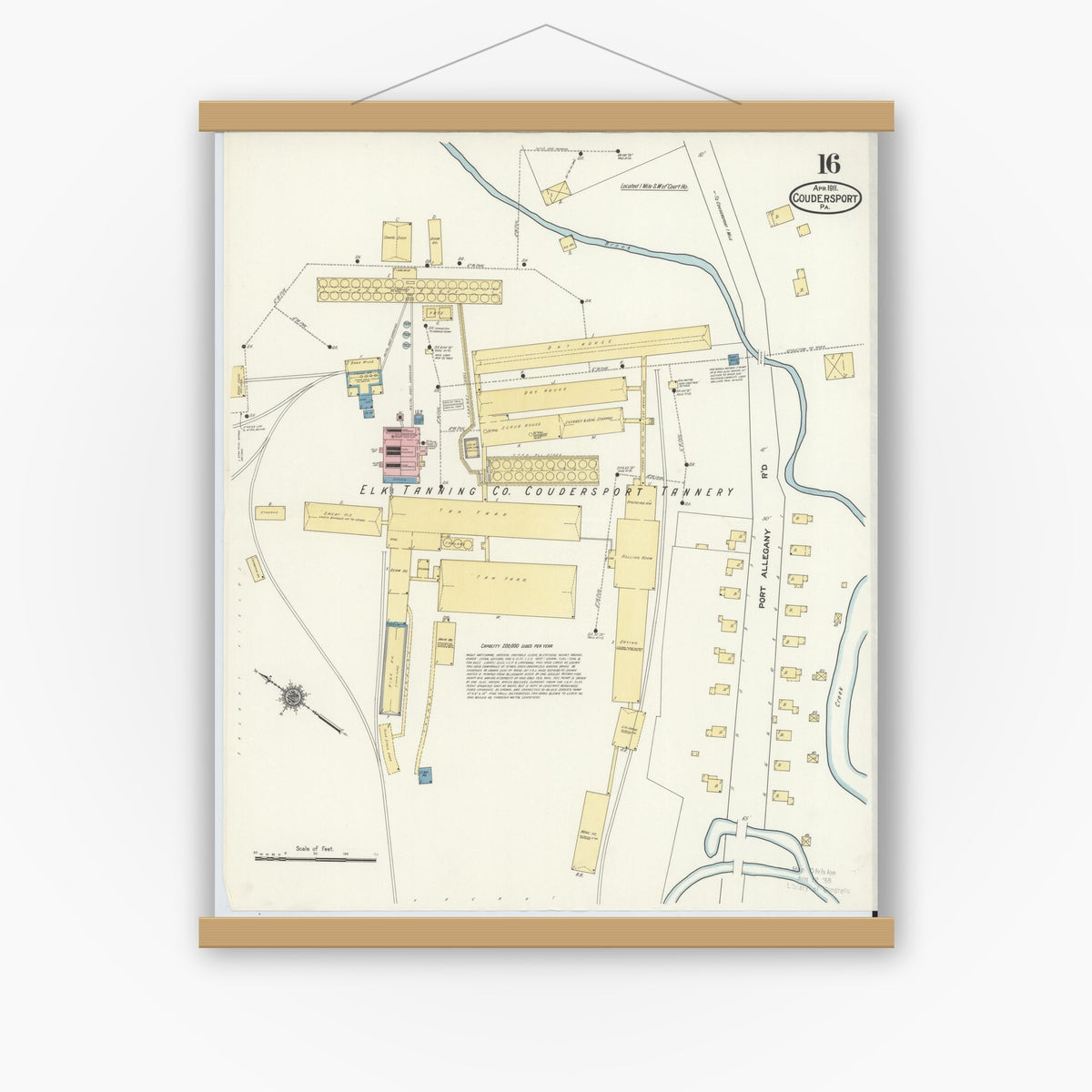 Old map wall art mockup — magnetic wood frame on white wall — Sanborn Fire Insurance Map from Coudersport, Potter County, Pennsylvania (1911), Sheet #0016