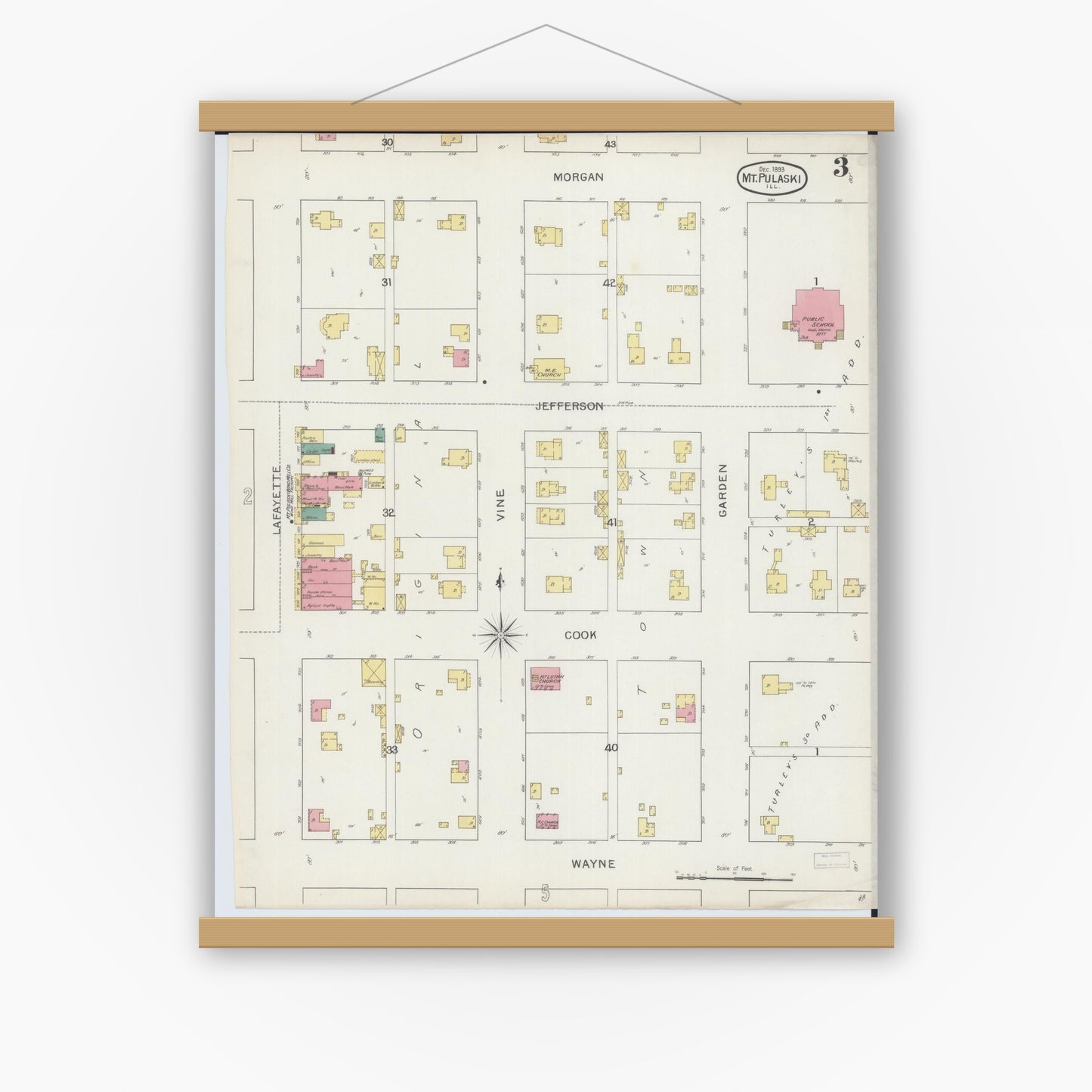Old map wall art mockup — magnetic wood frame on white wall — Sanborn Fire Insurance Map from Mount Pulaski, Logan County, Illinois (1893), Sheet #0003