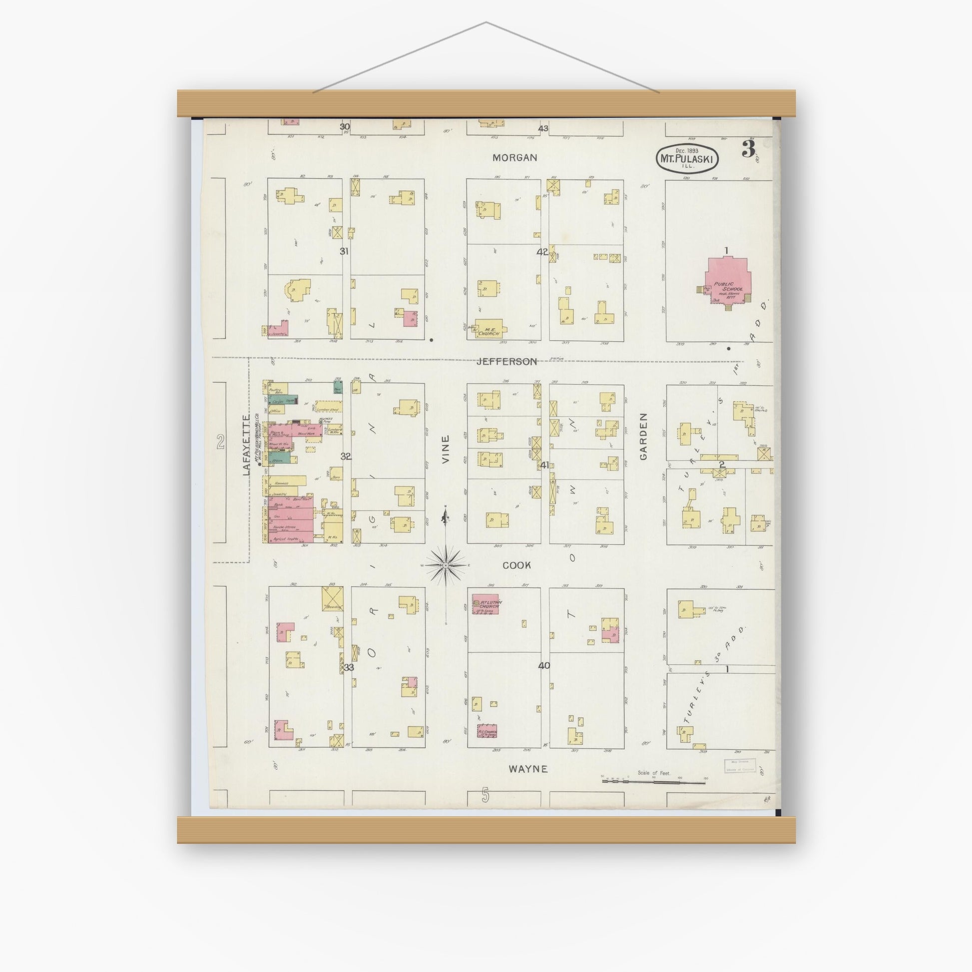 Old map wall art mockup — magnetic wood frame on white wall — Sanborn Fire Insurance Map from Mount Pulaski, Logan County, Illinois (1893), Sheet #0003