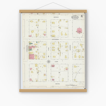 Old map wall art mockup — magnetic wood frame on white wall — Sanborn Fire Insurance Map from Mount Pulaski, Logan County, Illinois (1893), Sheet #0003