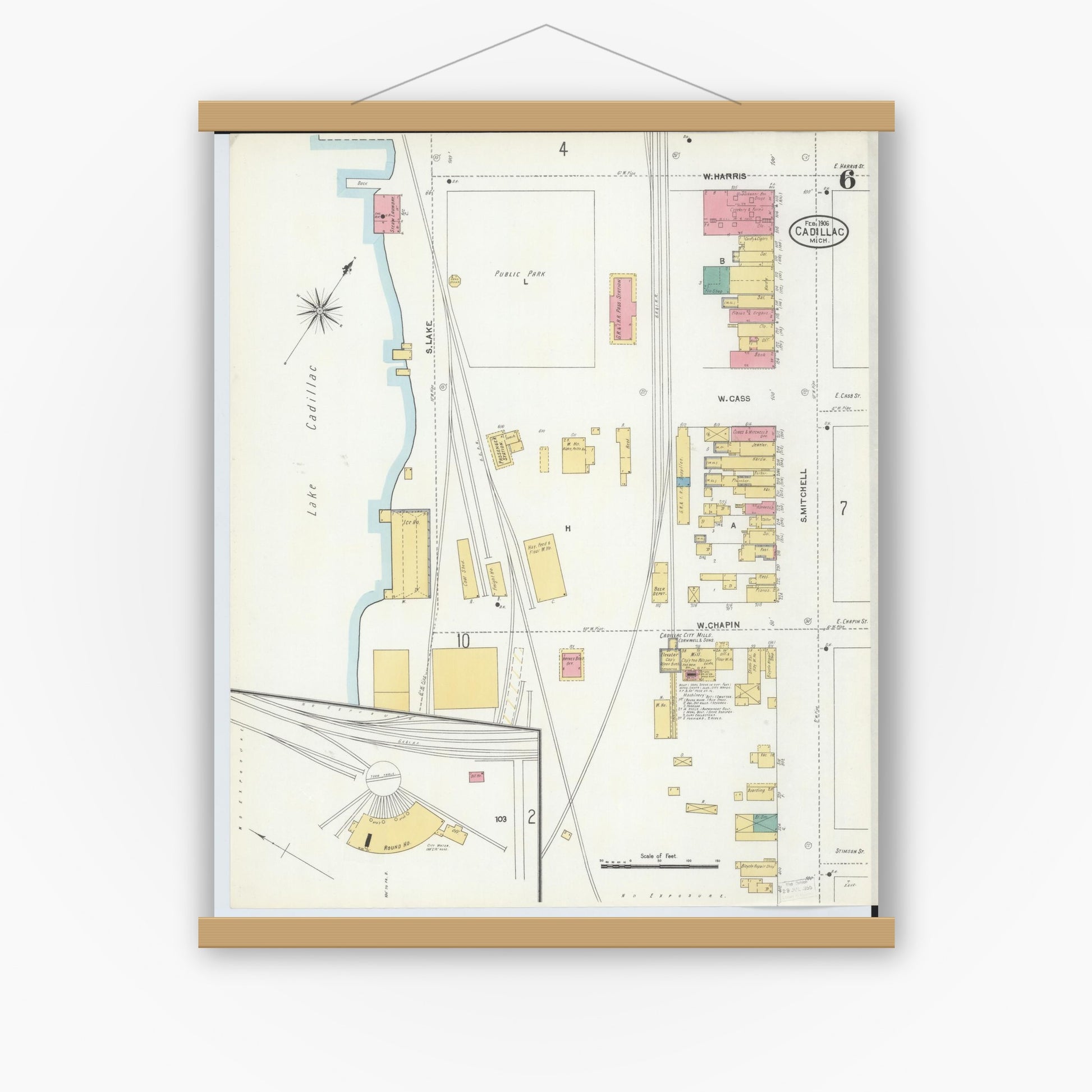Old map wall art mockup — magnetic wood frame on white wall — Sanborn Fire Insurance Map from Cadillac, Wexford County, Michigan (1906), Sheet #0006