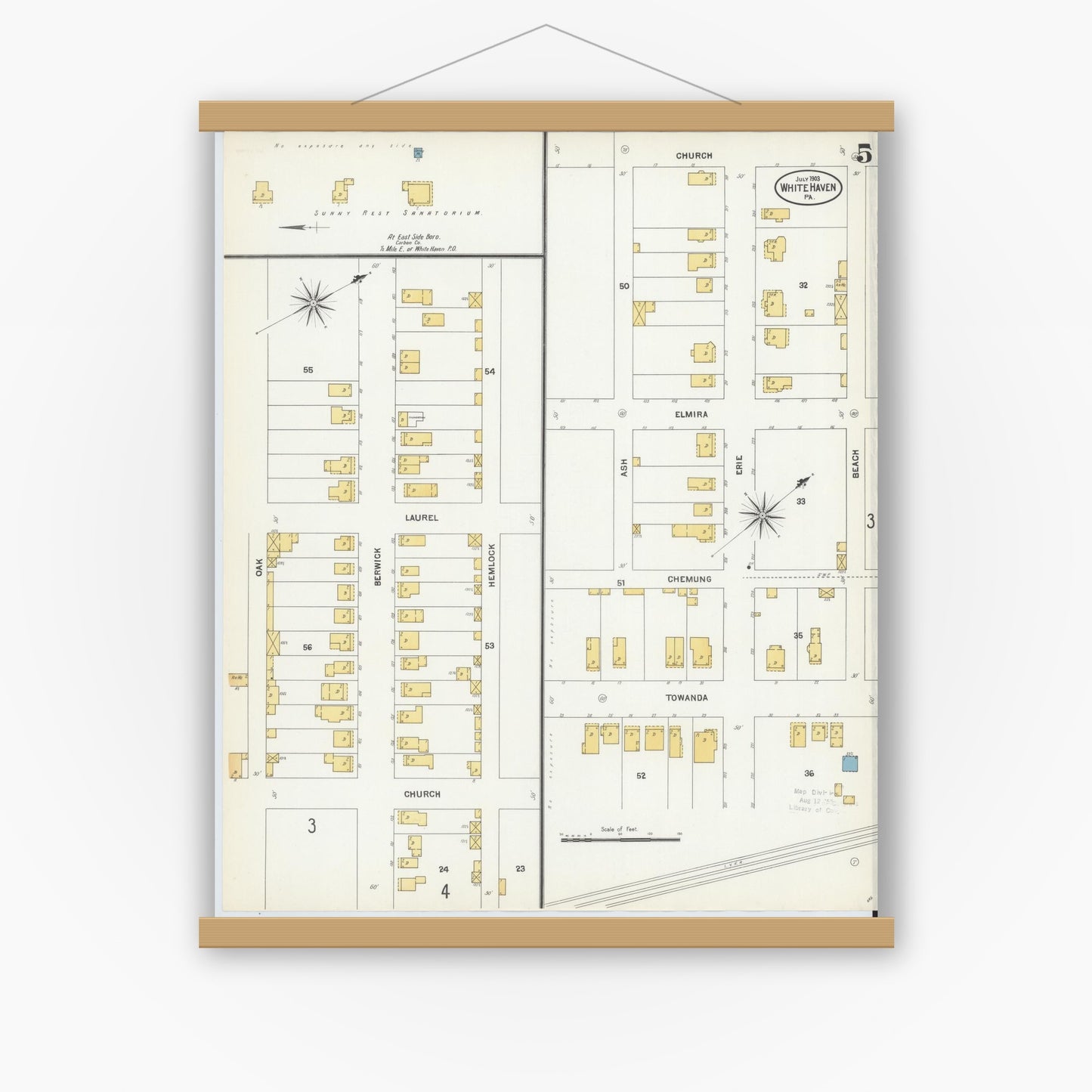 Old map wall art mockup — magnetic wood frame on white wall — Sanborn Fire Insurance Map from White Haven, Luzerne County, Pennsylvania (1903), Sheet #0005