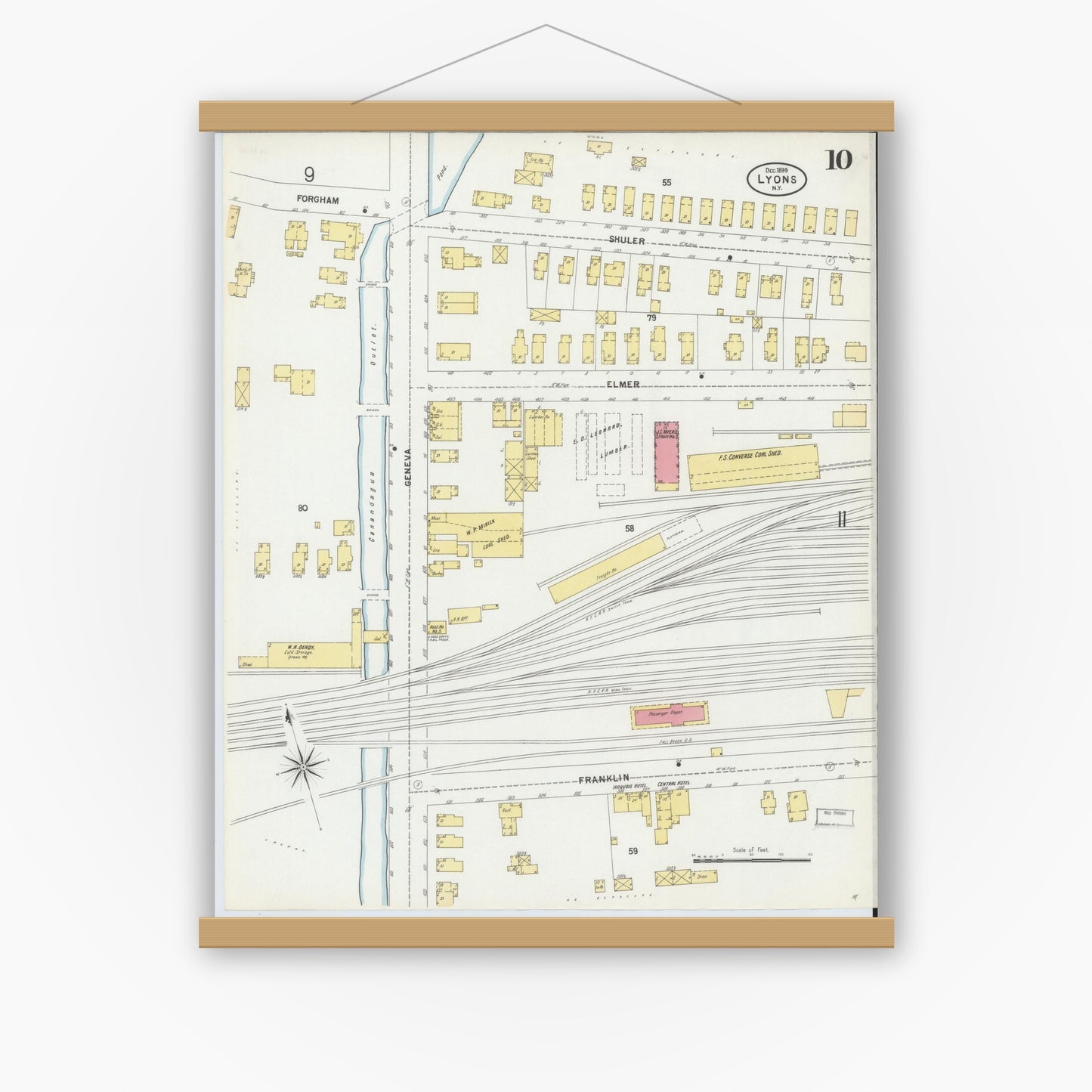 Old map wall art mockup — magnetic wood frame on white wall — Sanborn Fire Insurance Map from Lyons, Wayne County, New York (1899), Sheet #0010