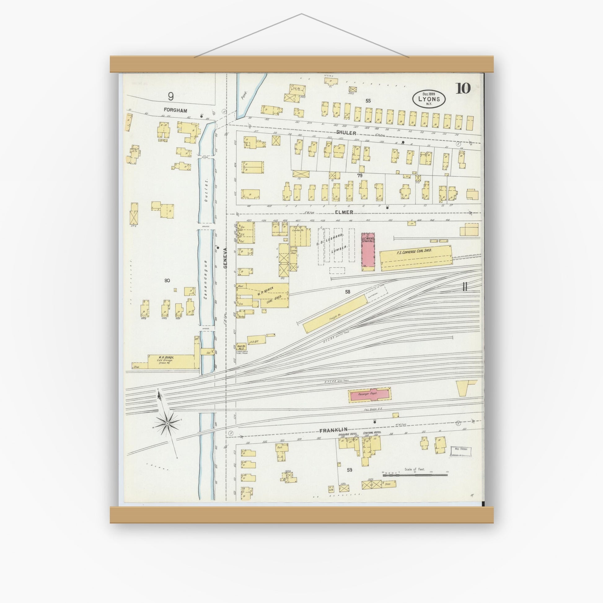 Old map wall art mockup — magnetic wood frame on white wall — Sanborn Fire Insurance Map from Lyons, Wayne County, New York (1899), Sheet #0010