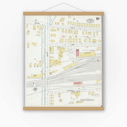 Old map wall art mockup — magnetic wood frame on white wall — Sanborn Fire Insurance Map from Lyons, Wayne County, New York (1899), Sheet #0010