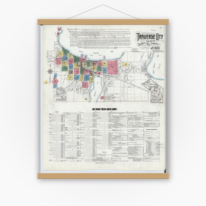 Old map wall art mockup — magnetic wood frame on white wall — Sanborn Fire Insurance Map from Traverse City, Grand Traverse County, Michigan (1920), Sheet #0001