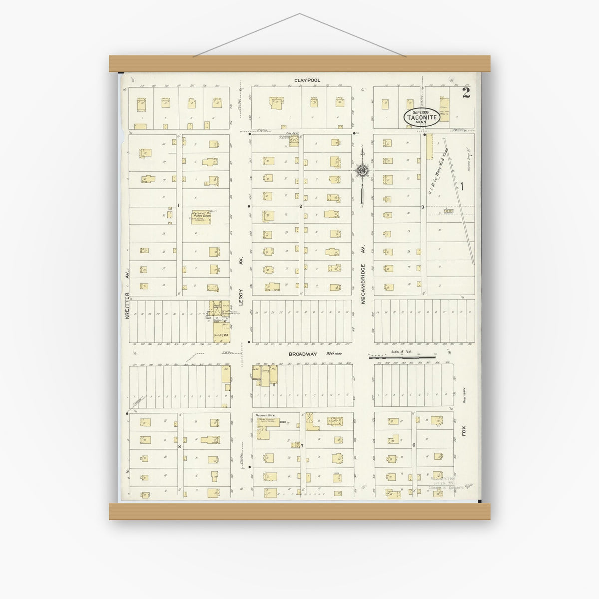 Old map wall art mockup — magnetic wood frame on white wall — Sanborn Fire Insurance Map from Taconite, Ltasca County, Minnesota (1909), Sheet #0002