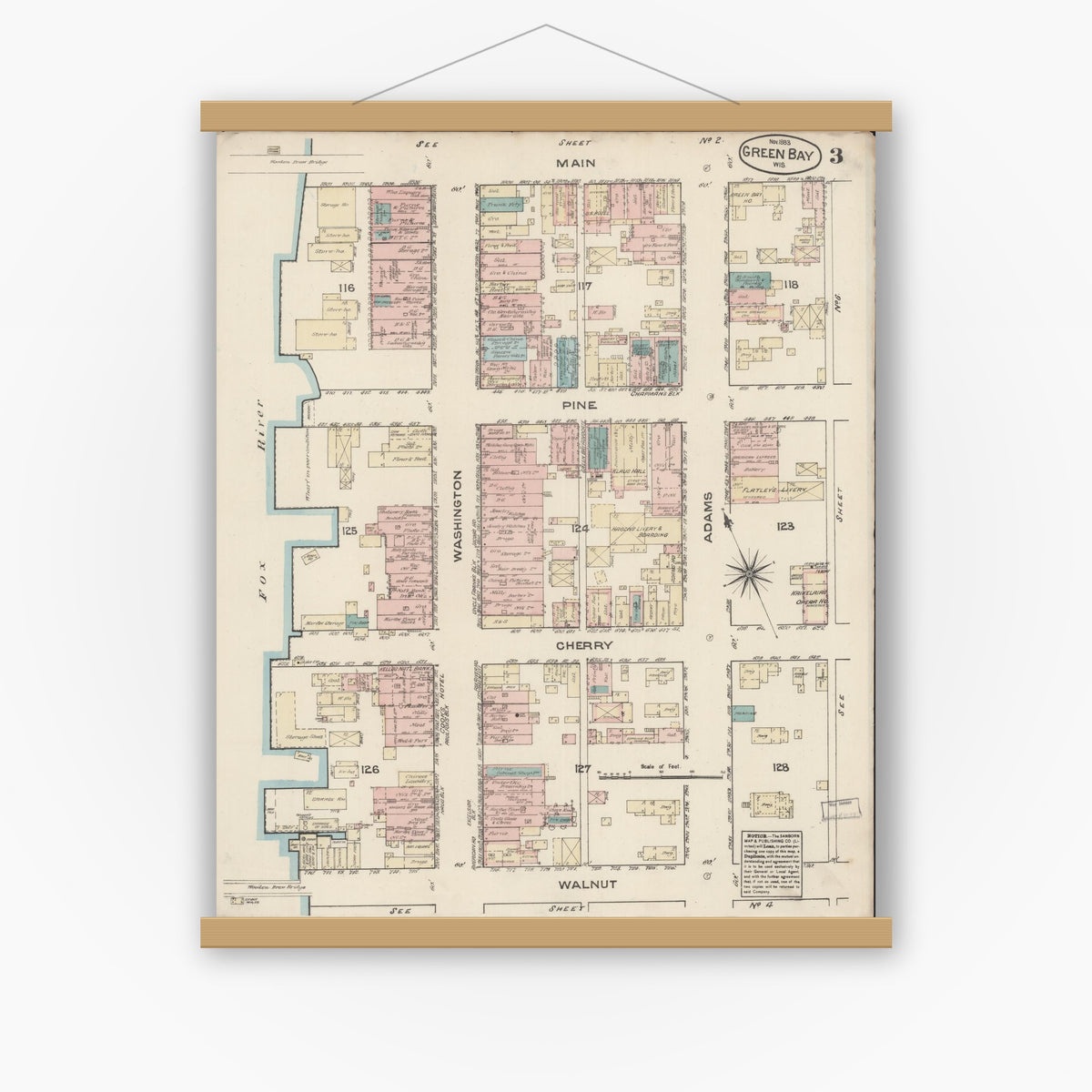 Old map wall art mockup — magnetic wood frame on white wall — Sanborn Fire Insurance Map from Green Bay, Brown County, Wisconsin (1883), Sheet #0003