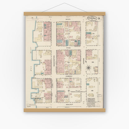 Old map wall art mockup — magnetic wood frame on white wall — Sanborn Fire Insurance Map from Green Bay, Brown County, Wisconsin (1883), Sheet #0003