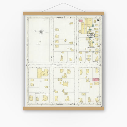 Old map wall art mockup — magnetic wood frame on white wall — Sanborn Fire Insurance Map from Lakewood, Ocean County, New Jersey (1905), Sheet #0005