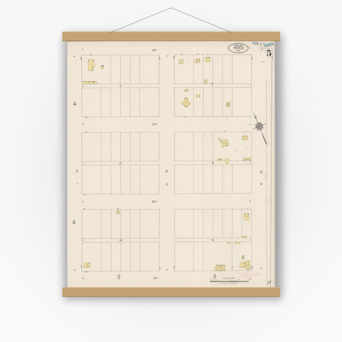 Old map wall art mockup — magnetic wood frame on white wall — Sanborn Fire Insurance Map from Merced, Merced County, California (1922), Sheet #0005