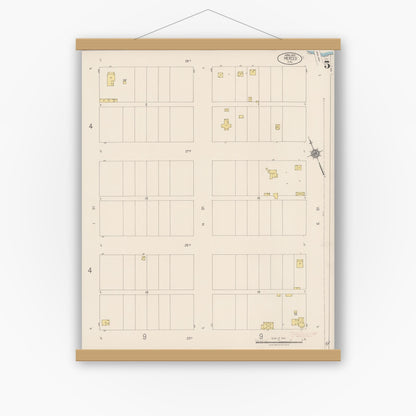 Old map wall art mockup — magnetic wood frame on white wall — Sanborn Fire Insurance Map from Merced, Merced County, California (1922), Sheet #0005