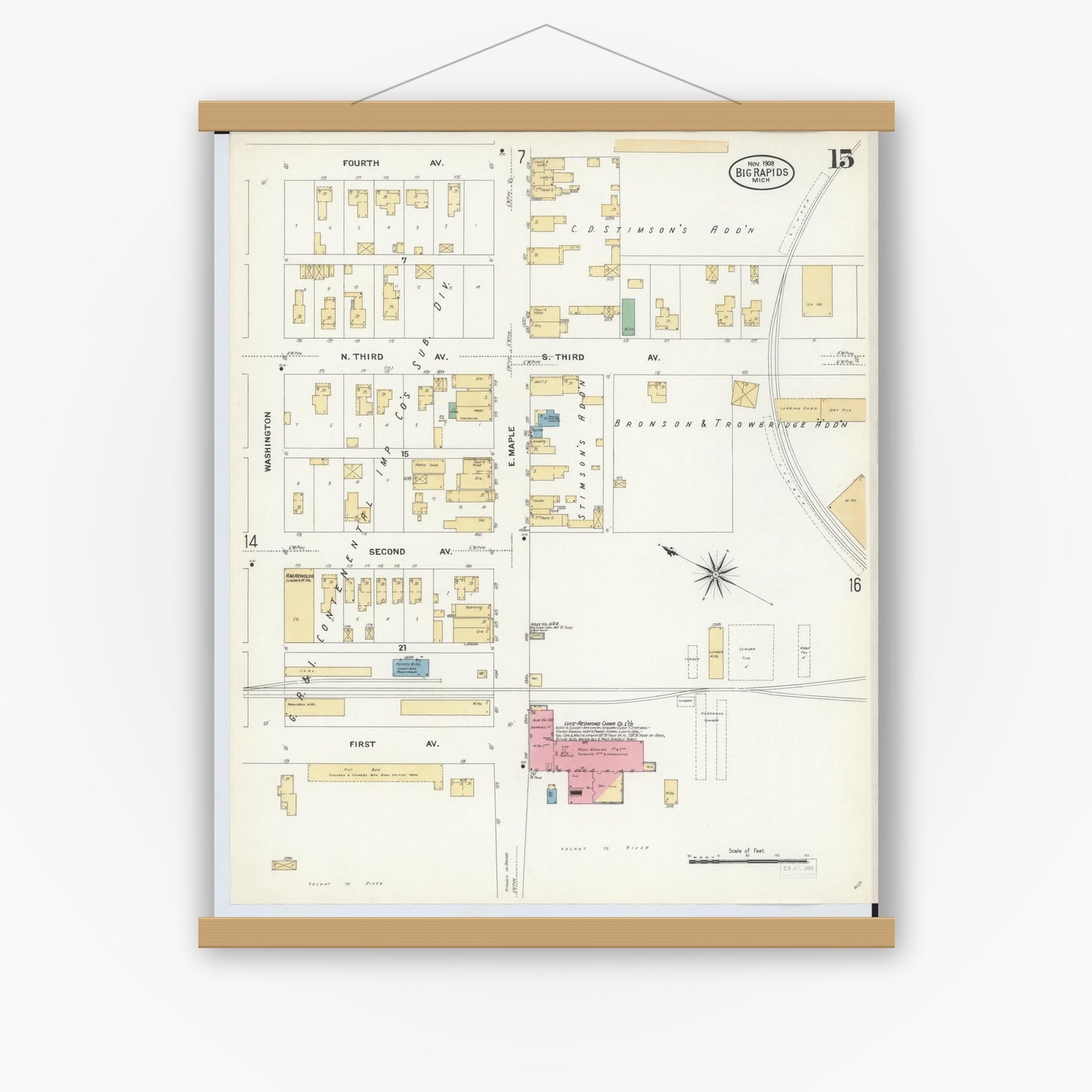Old map wall art mockup — magnetic wood frame on white wall — Sanborn Fire Insurance Map from Big Rapids, Mecosta County, Michigan (1908), Sheet #0015